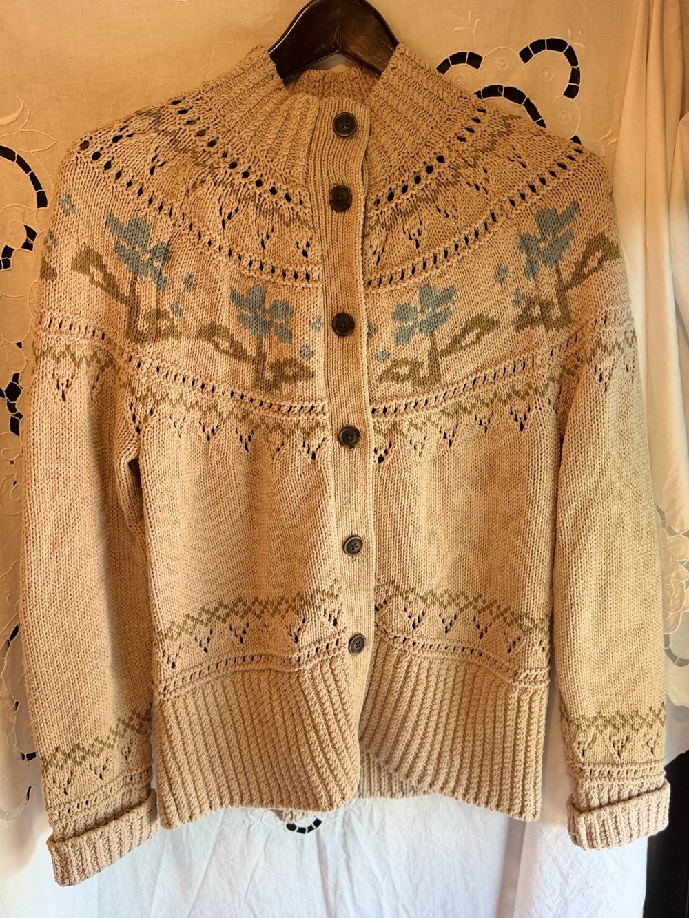 L.L.Bean Large Floral Fair Isle Cotton Cardigan Sweater Cottagecore Preppy Retro
